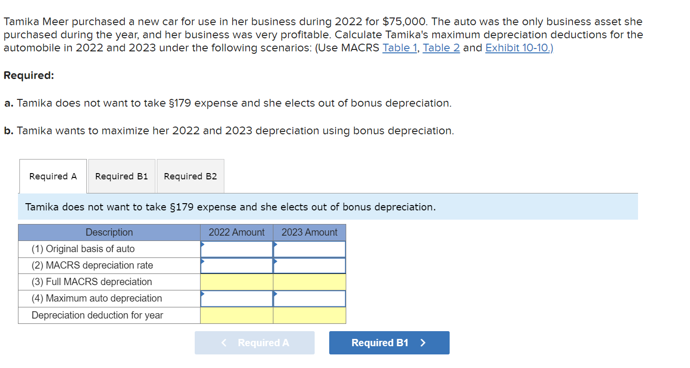 \fTamika Meer purchased a new car for use in her