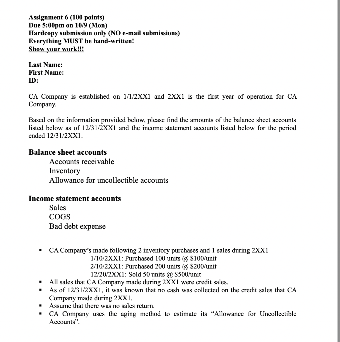 Assignment 6 (100 points) Due 5:00pm on 10/9