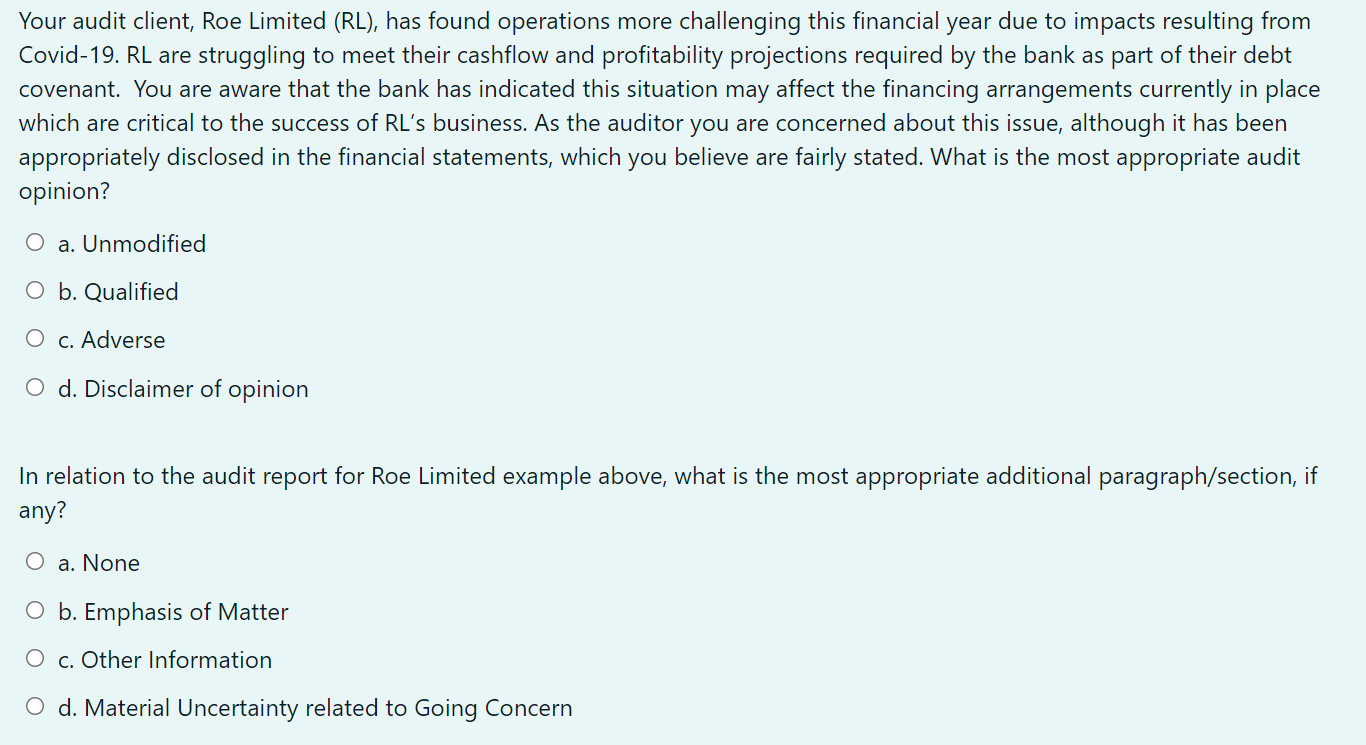 Your audit client, Roe Limited (RL), has found