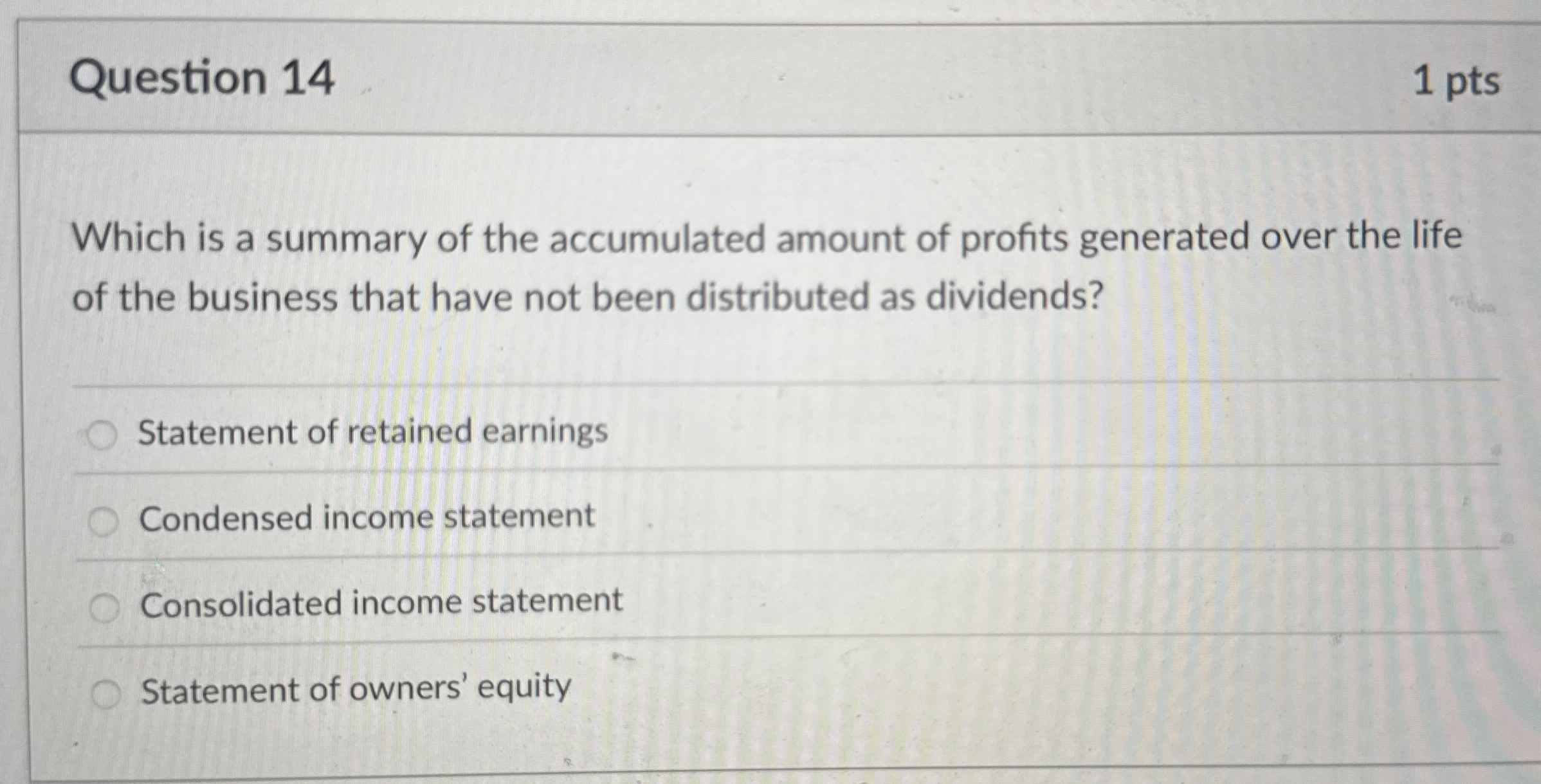 Question 1 4 1 pts Which is a summary of the