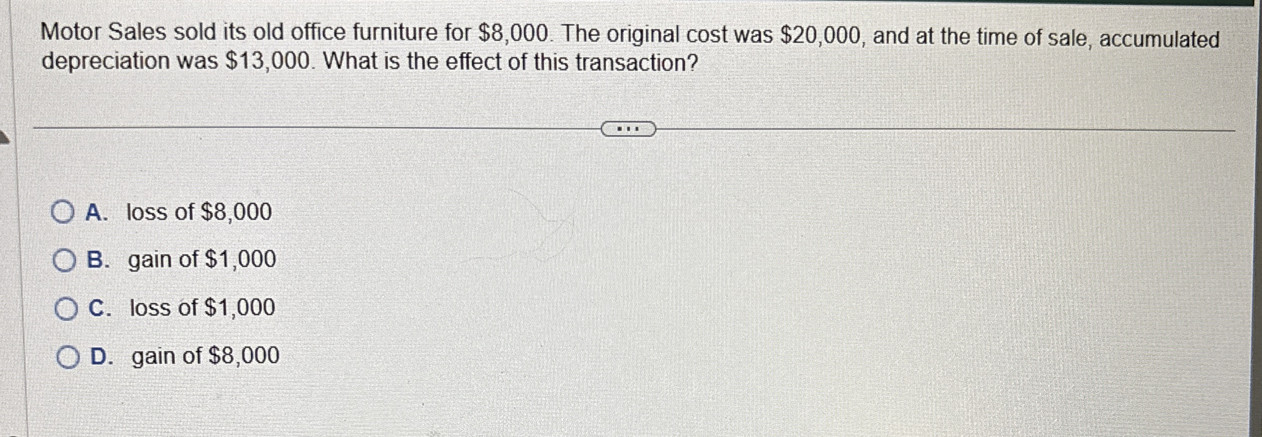 Motor Sales sold its old office furniture for $ 8