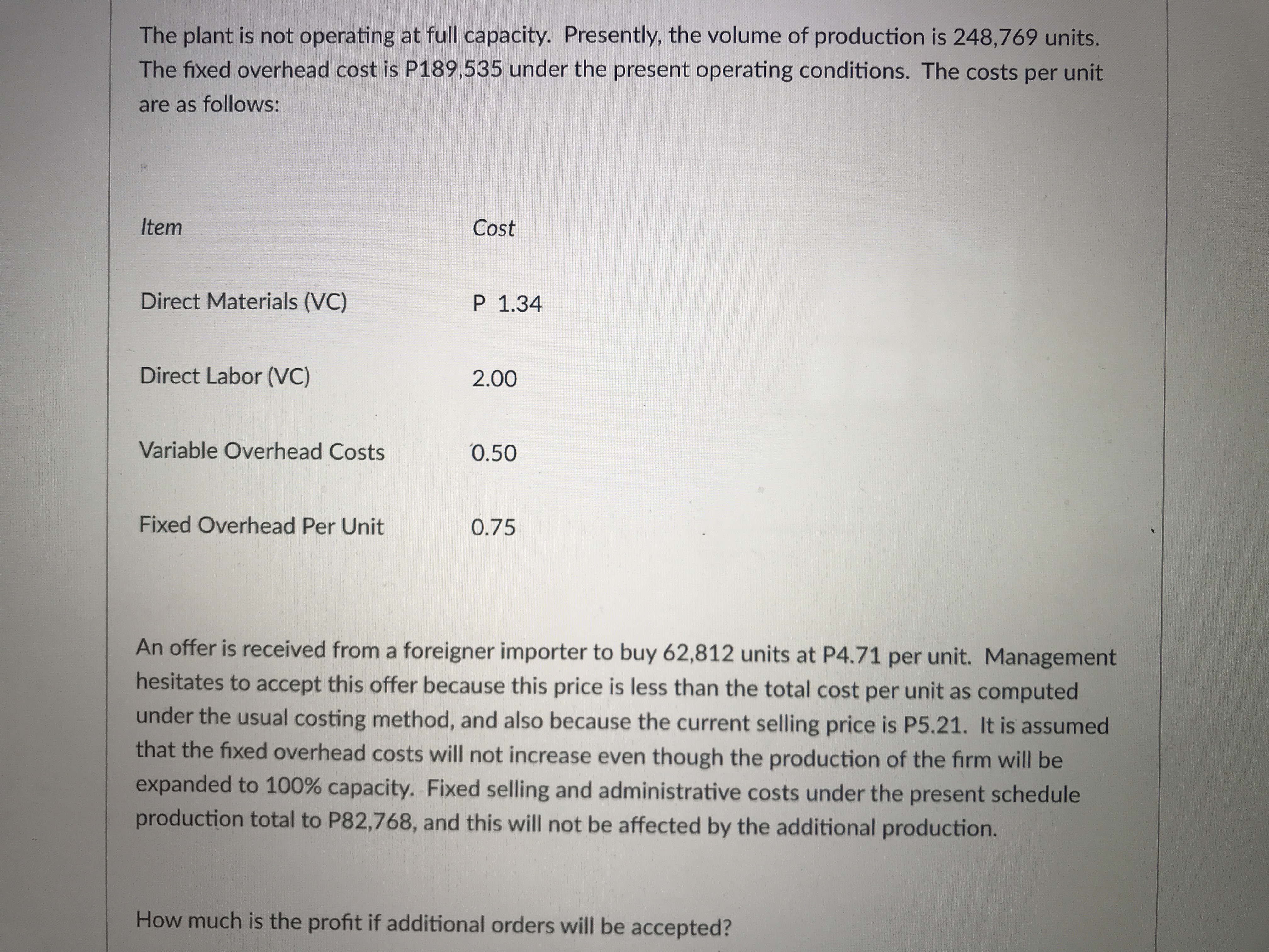 The plant is not operating at full capacity.