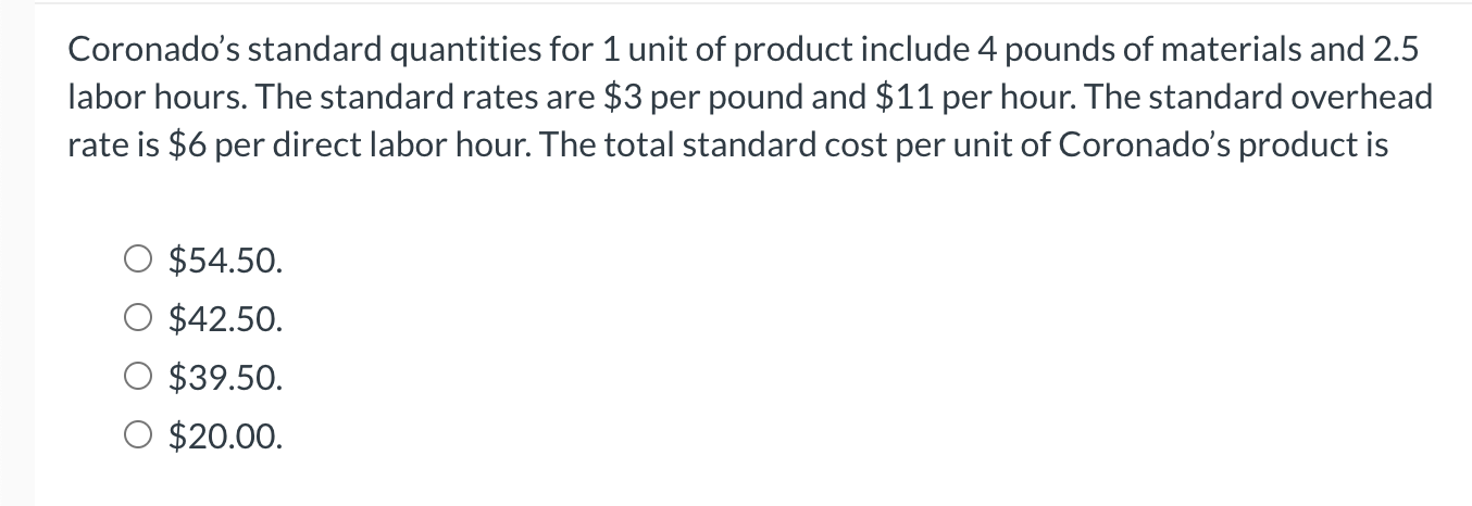 Coronado's standard quantities for 1 unit o f