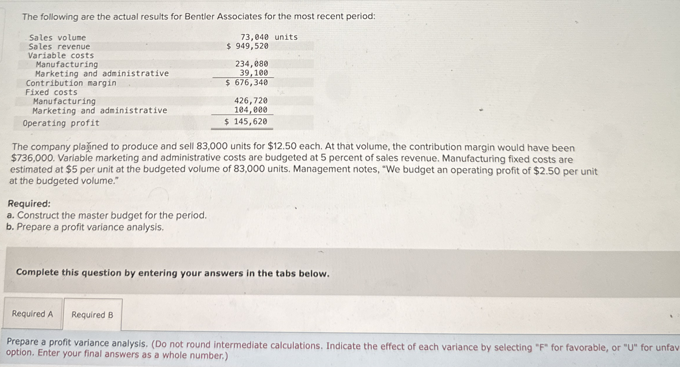 The following are the actual results for Bentler