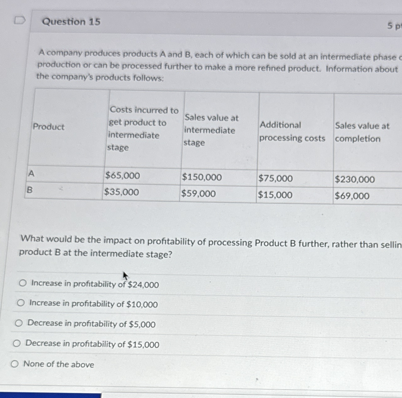 Question 1 5 A company produces products A and B