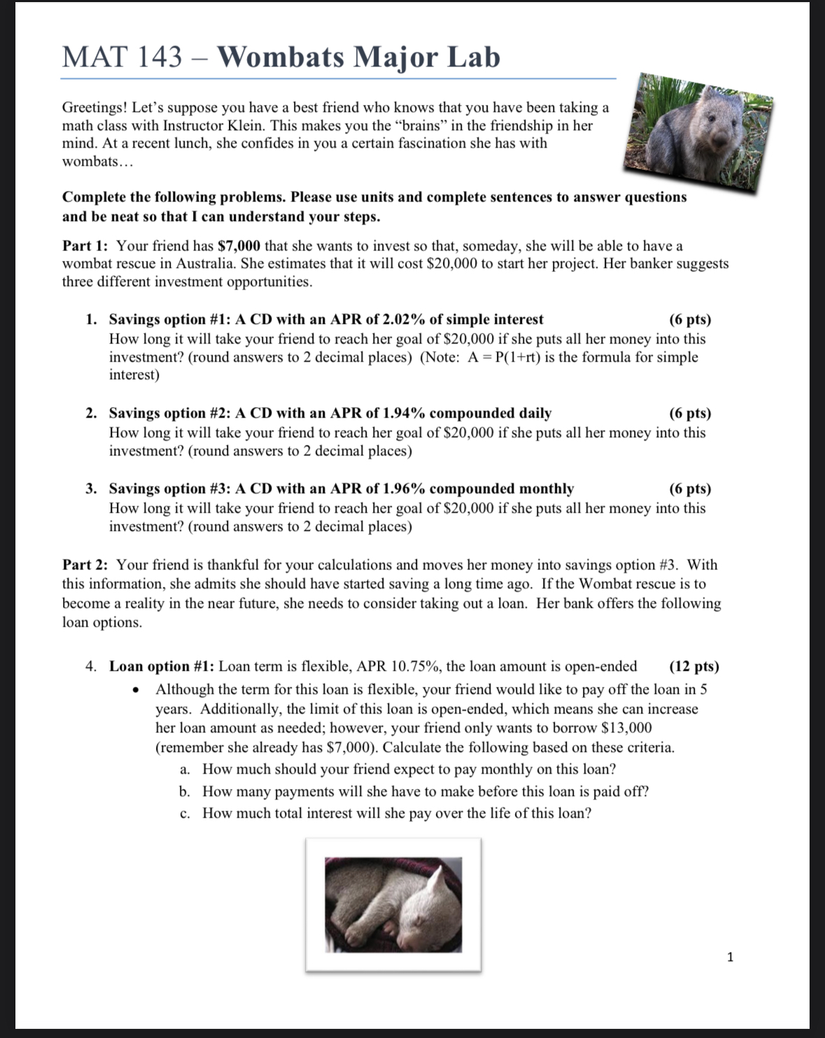 MAT 143 Wombats Major Lab Greetings! Let's