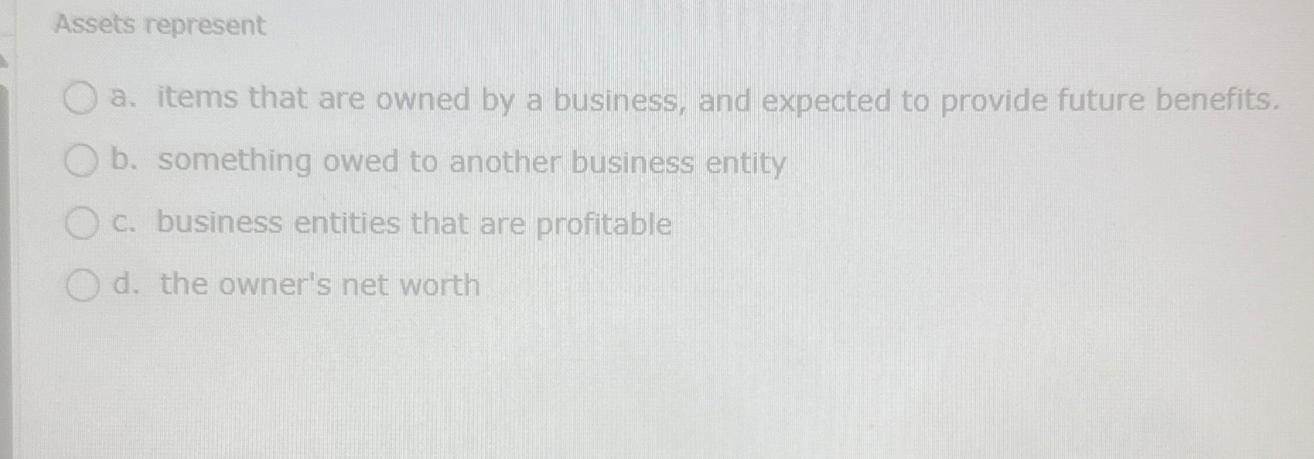 Assets represent a . items that are owned by a