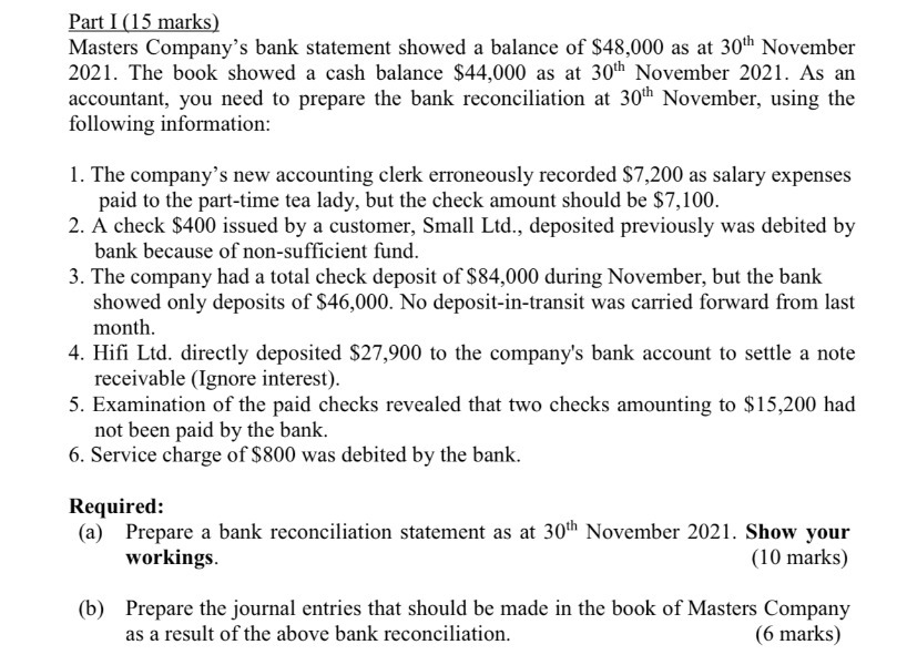 Part I l 15 marks! Masters Company's bank