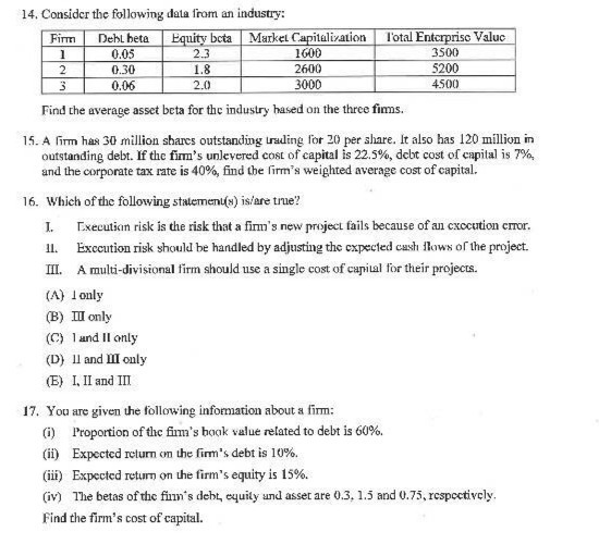 14. Consider the following data from an industry: