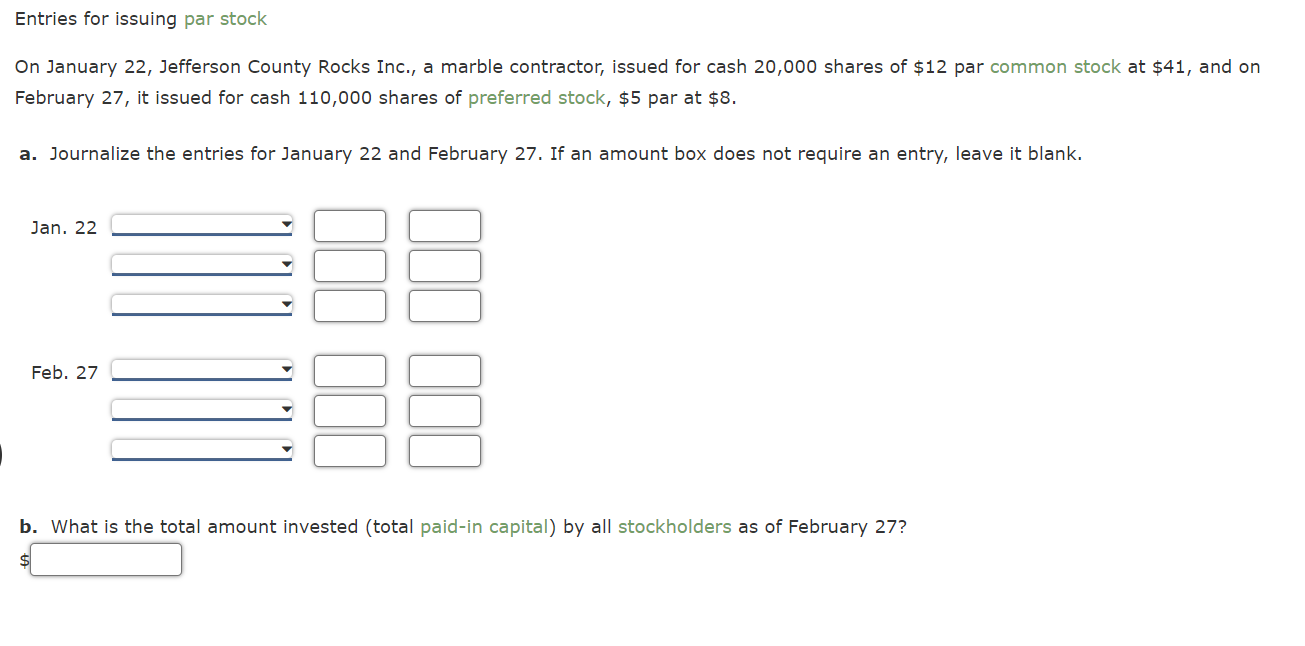 Entries for issuing par stock On January 22,