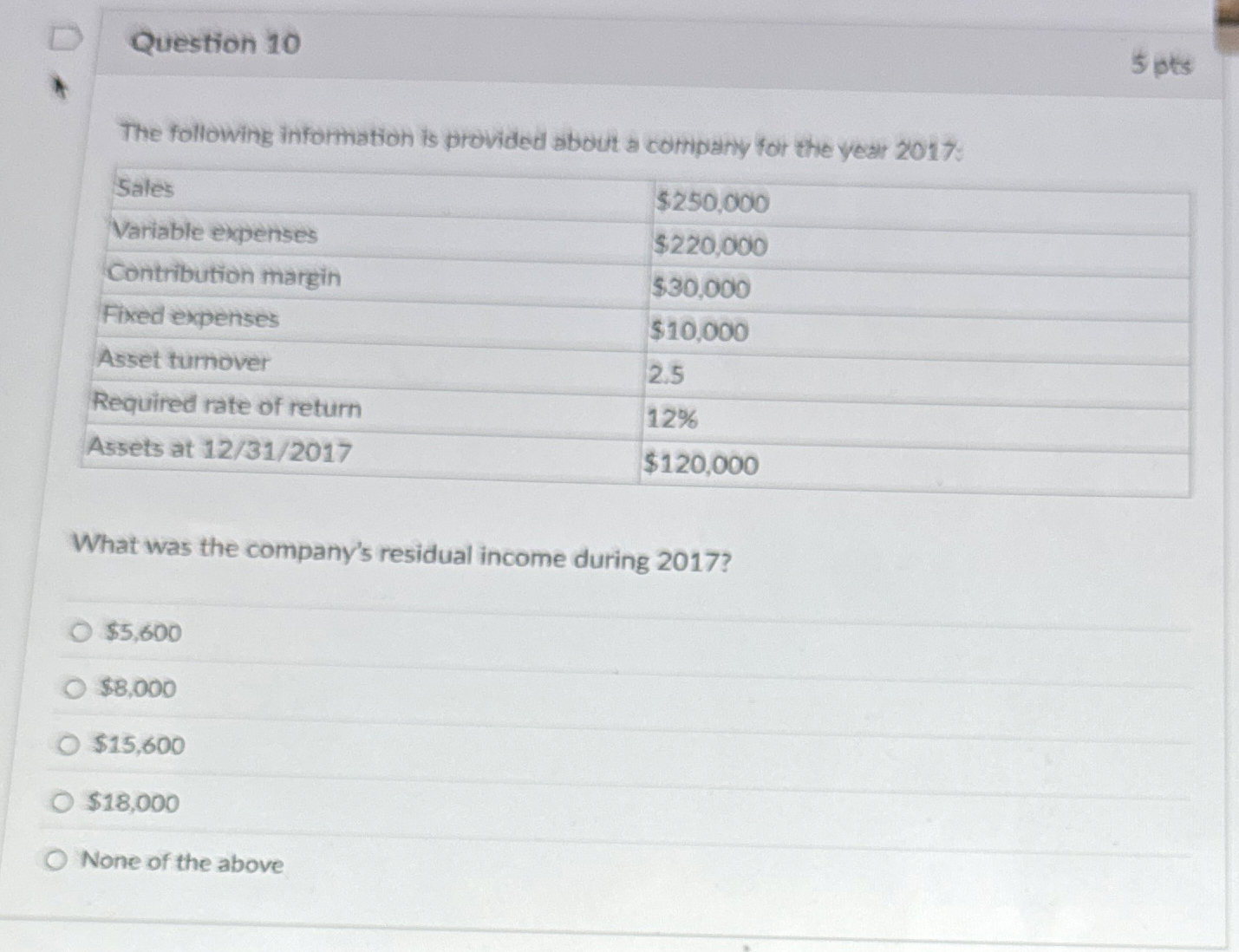 Question 1 0 5 pts The following information is