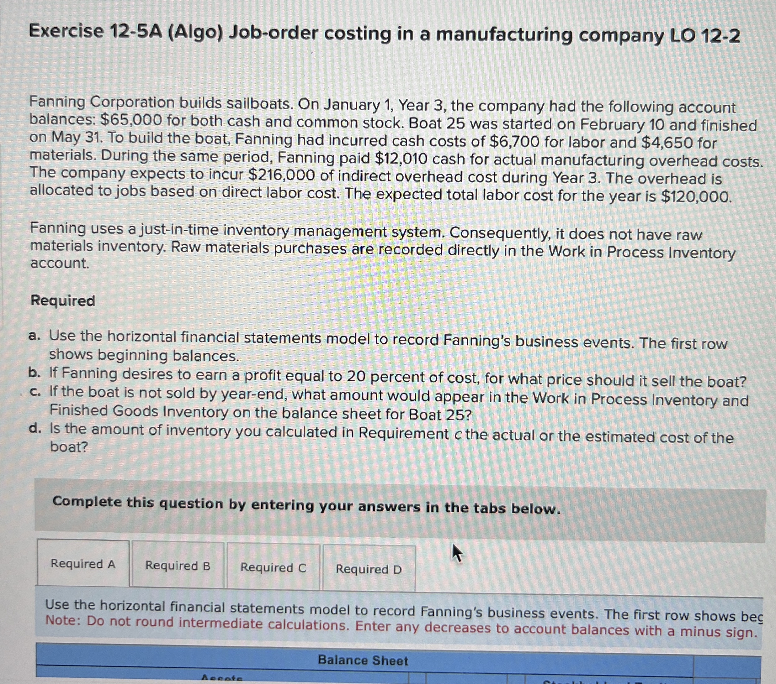 Exercise 1 2 - 5 A ( Algo ) Job - order costing