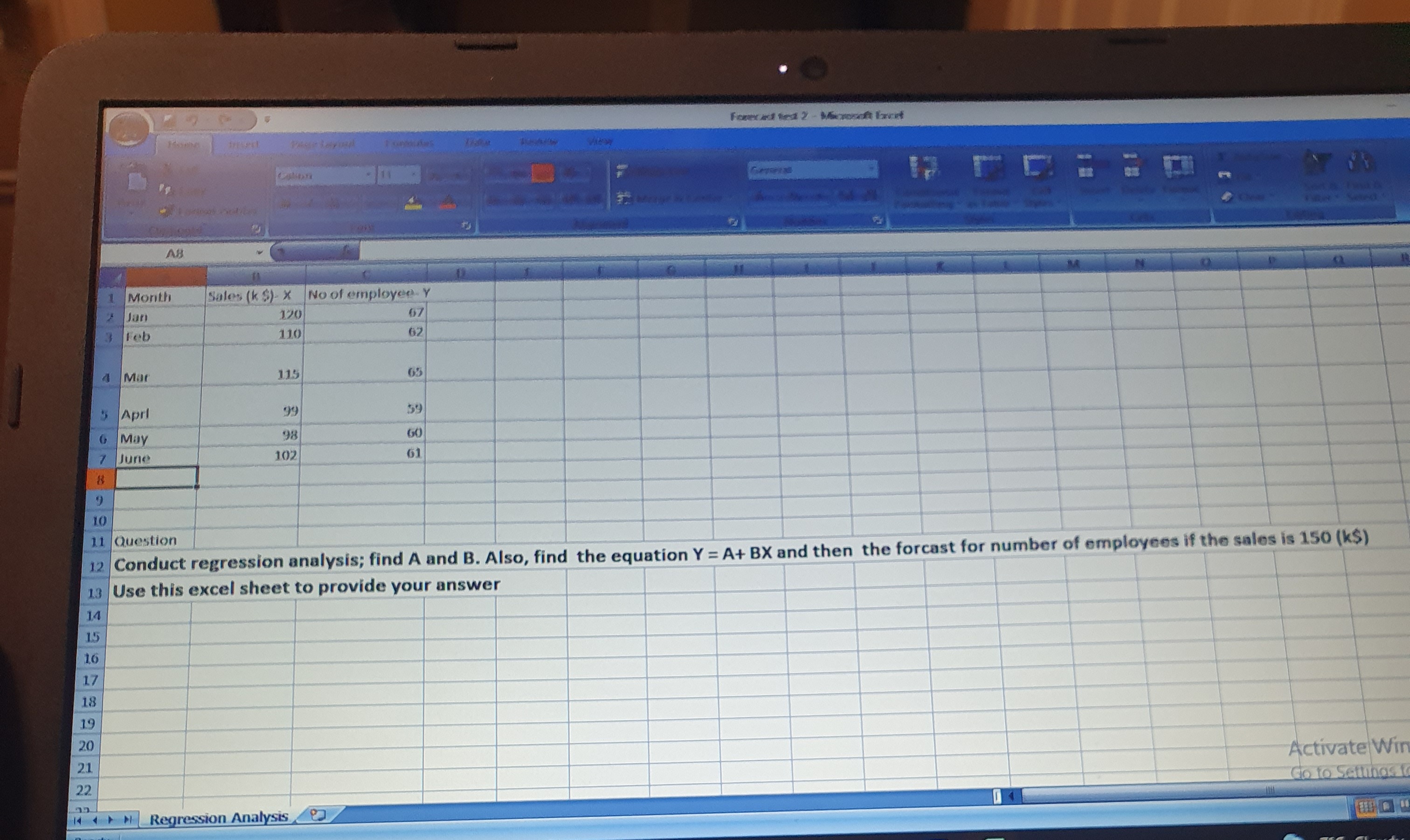 AB Month Sales (k S)- X No of employee Y Jan 120
