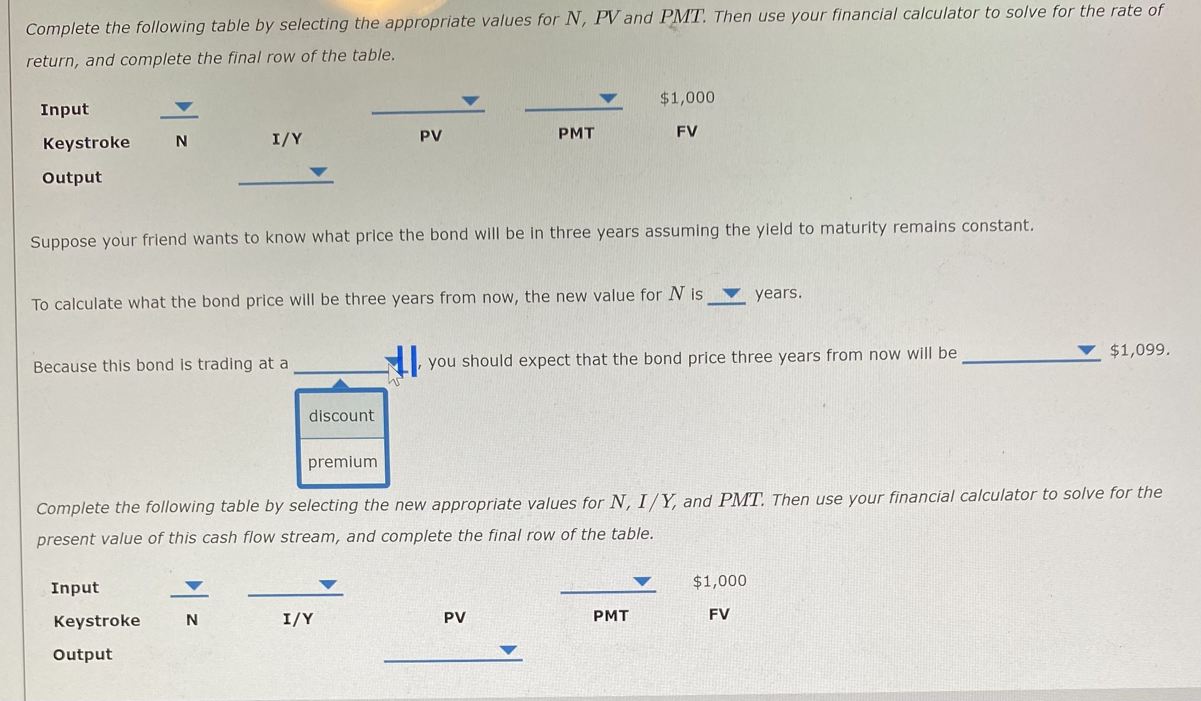 Complete the following table by selecting the