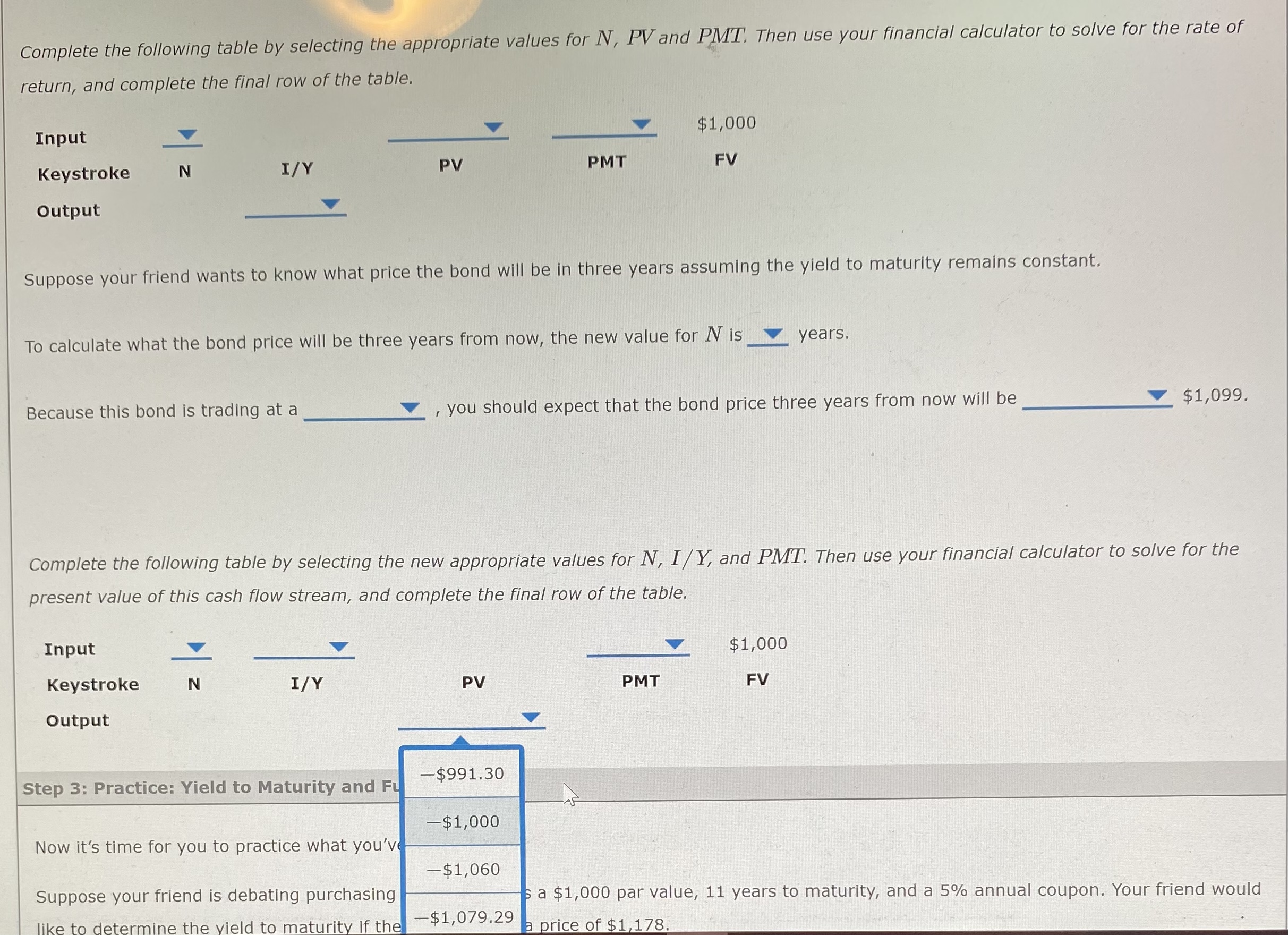 Complete the following table by selecting the