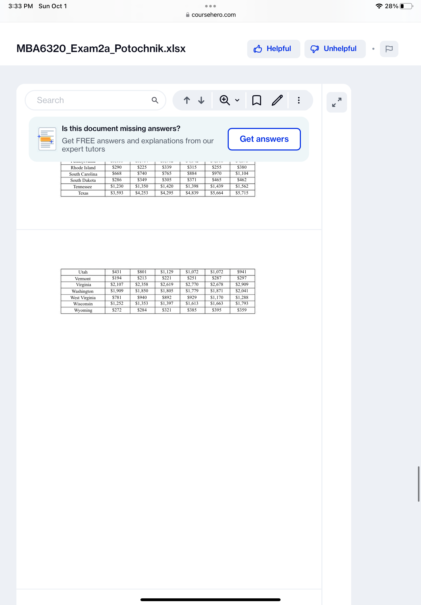 3:33 PM Sun Oct 1 . . . 28% coursehero.com