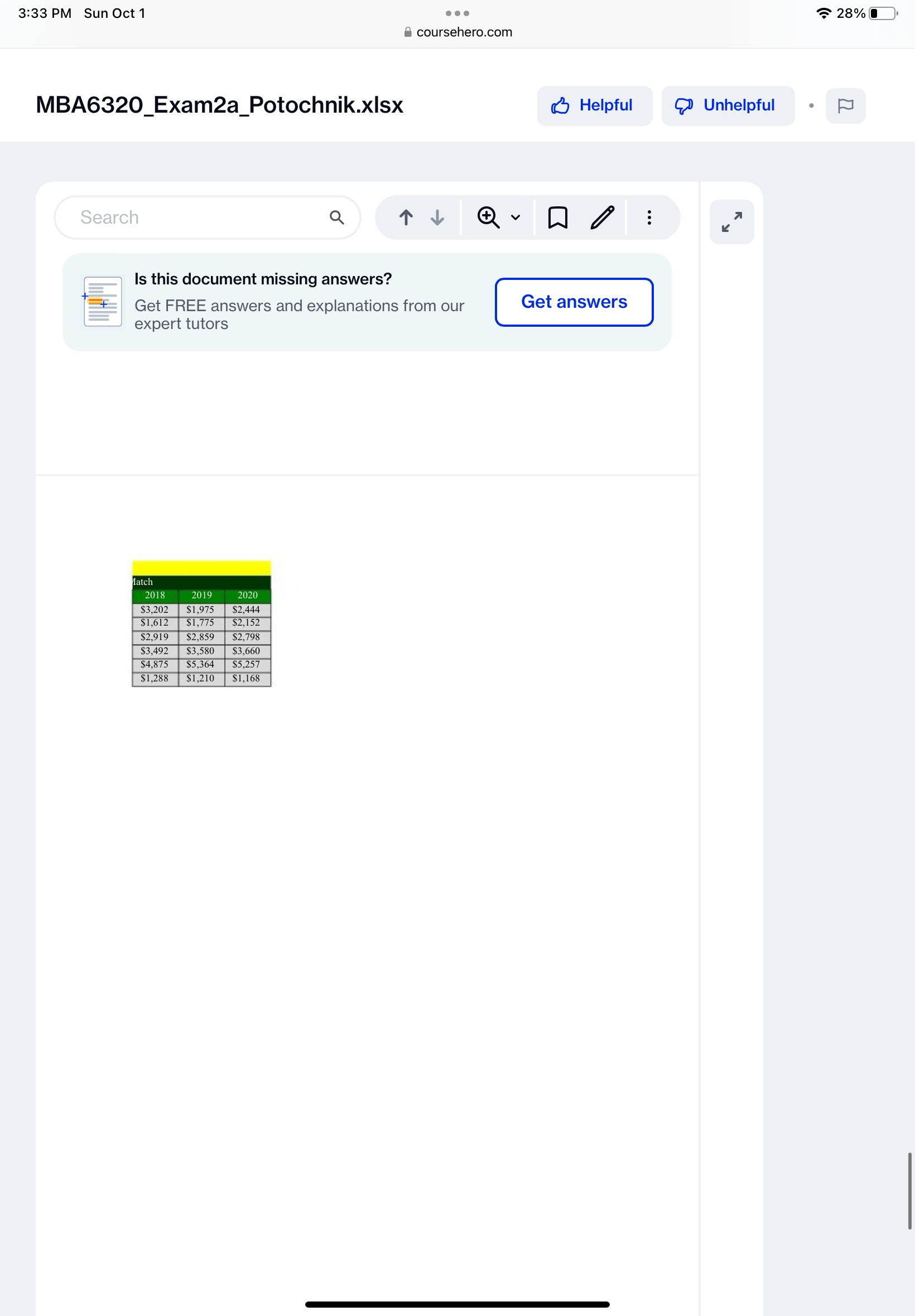 3:33 PM Sun Oct 1 . . . 28% coursehero.com