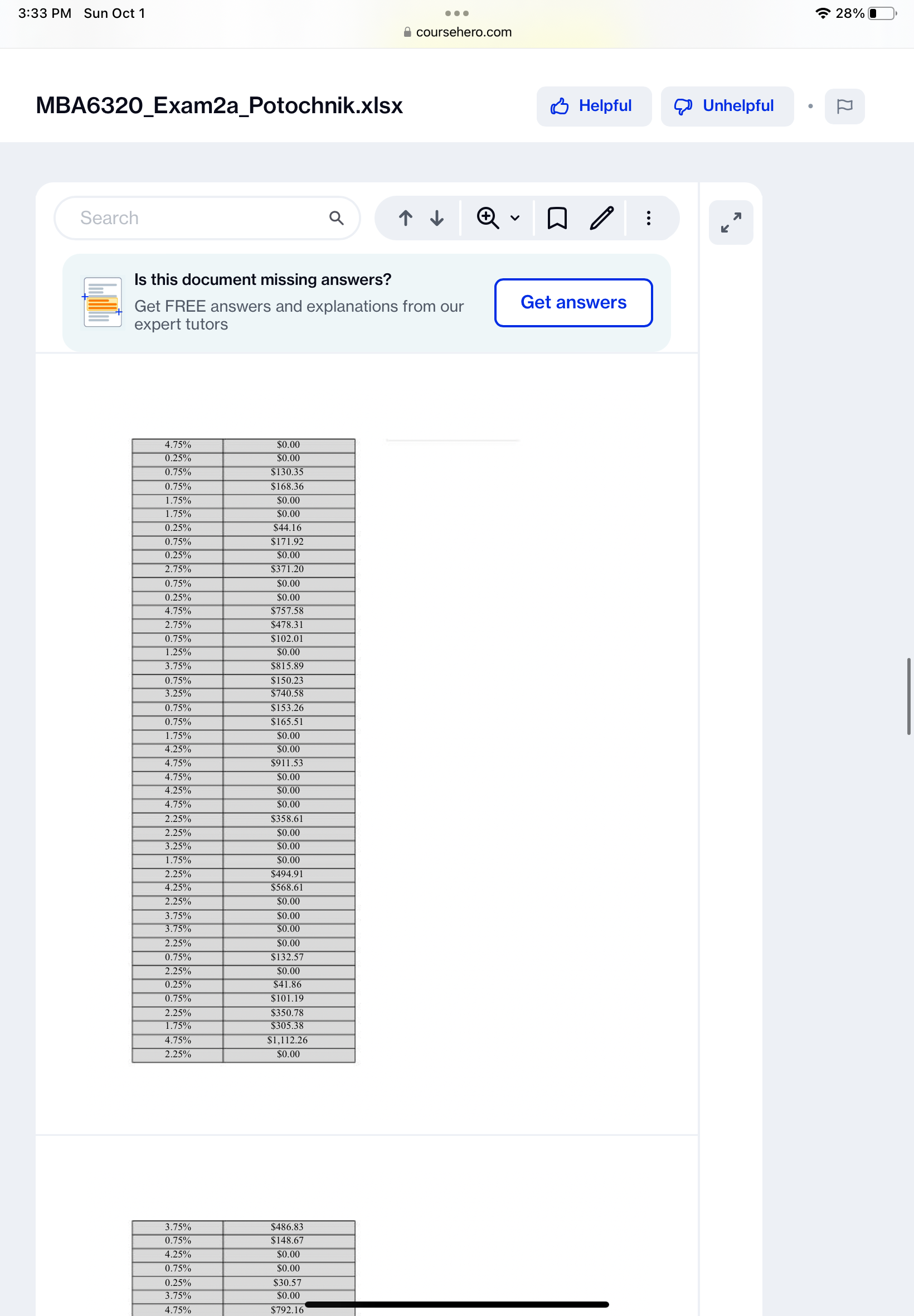 3:33 PM Sun Oct 1 . . . 28% coursehero.com