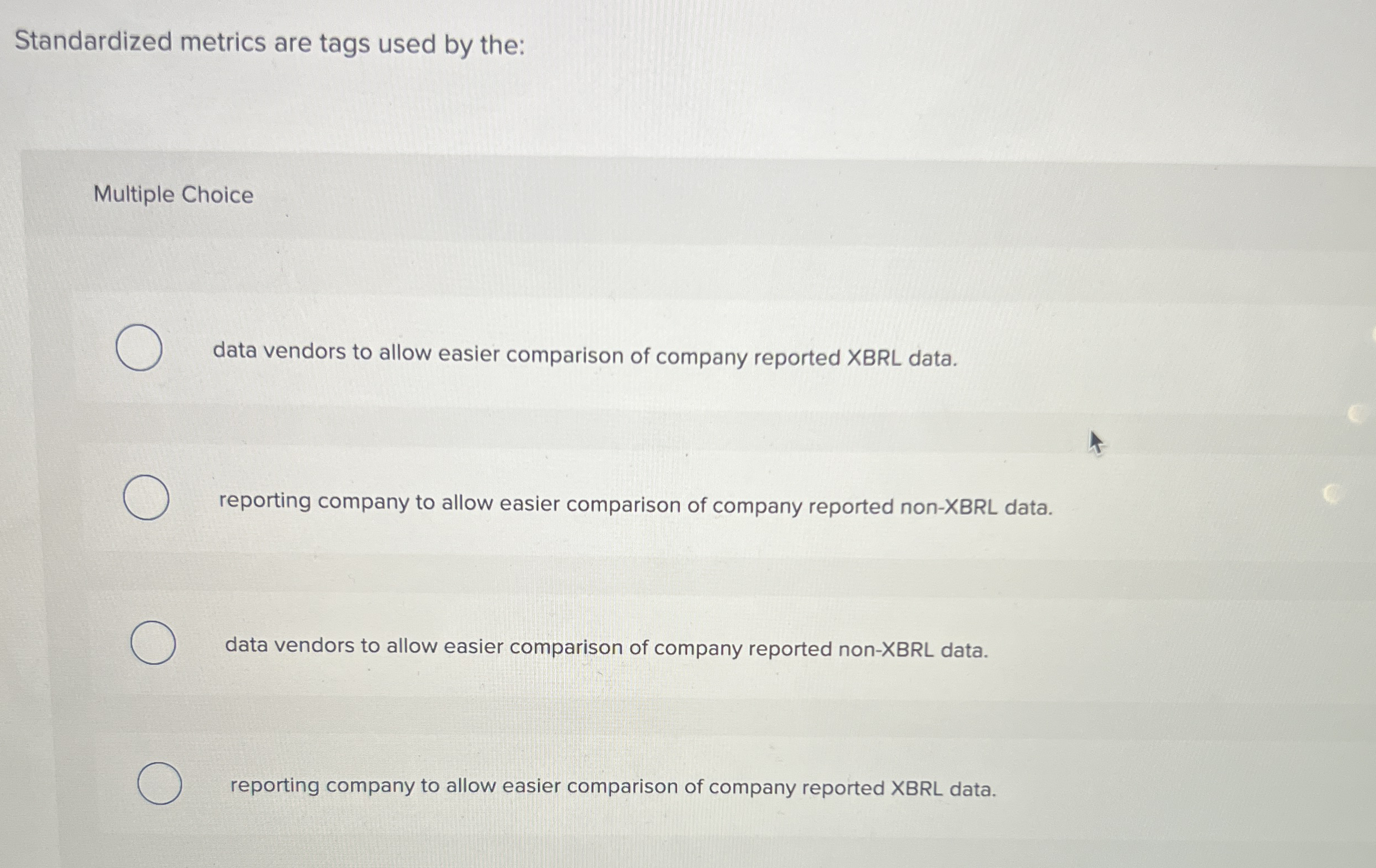 Standardized metrics are tags used by the: