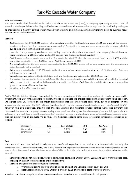 Task #2: Cascade Water Company Role and Context