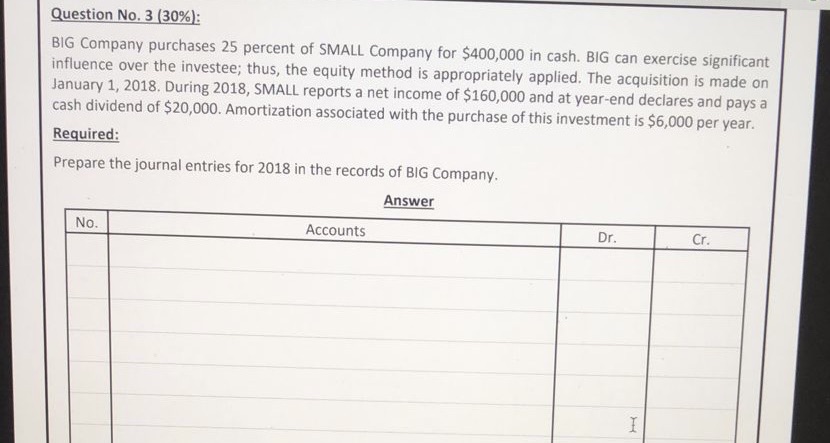 Question No. 3 (30%): BIG Company purchases 25