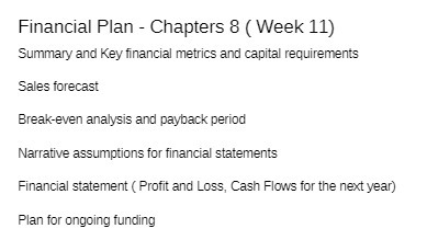 Financial Plan - Chapters 8 ( Week 11) Summary