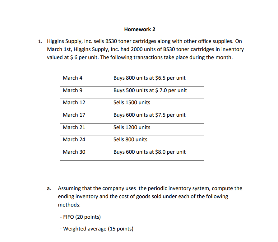 Homework 2 1 . Higgins Supply, Inc. sells BS 3 0