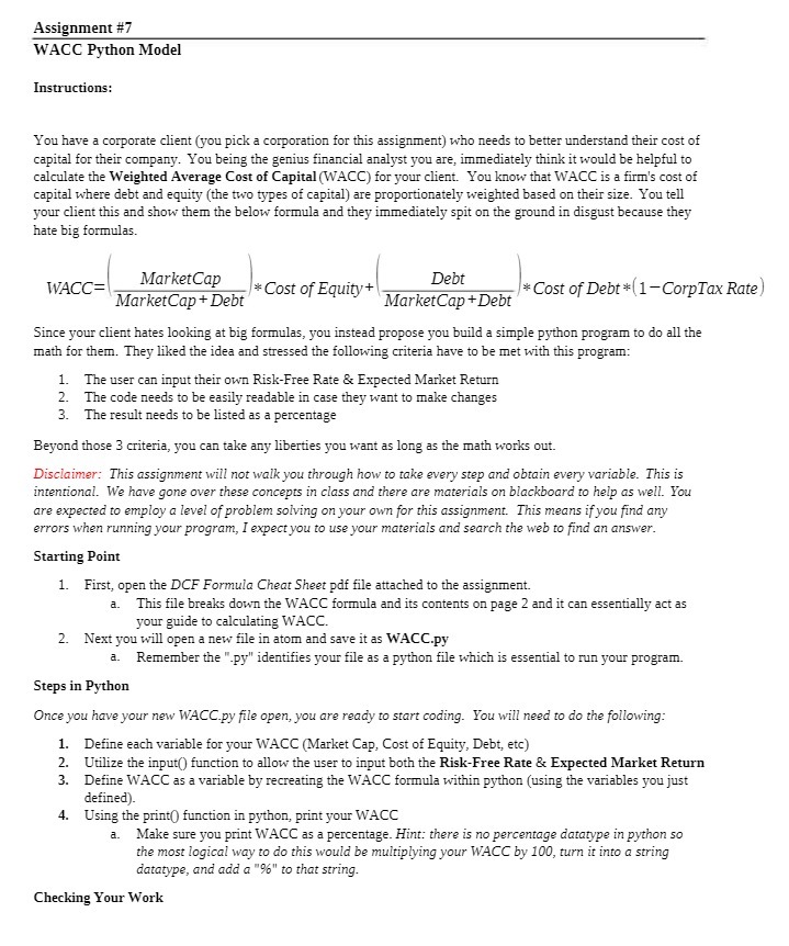 Assignment #7 WACC Python Model Instructions: You