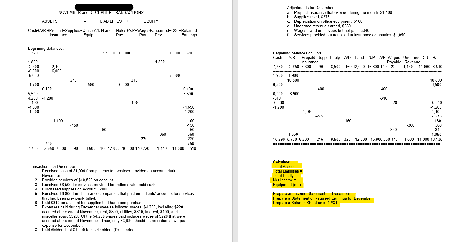 NOVEMBER and DECEMBER TRANSACTIONS ASSETS =