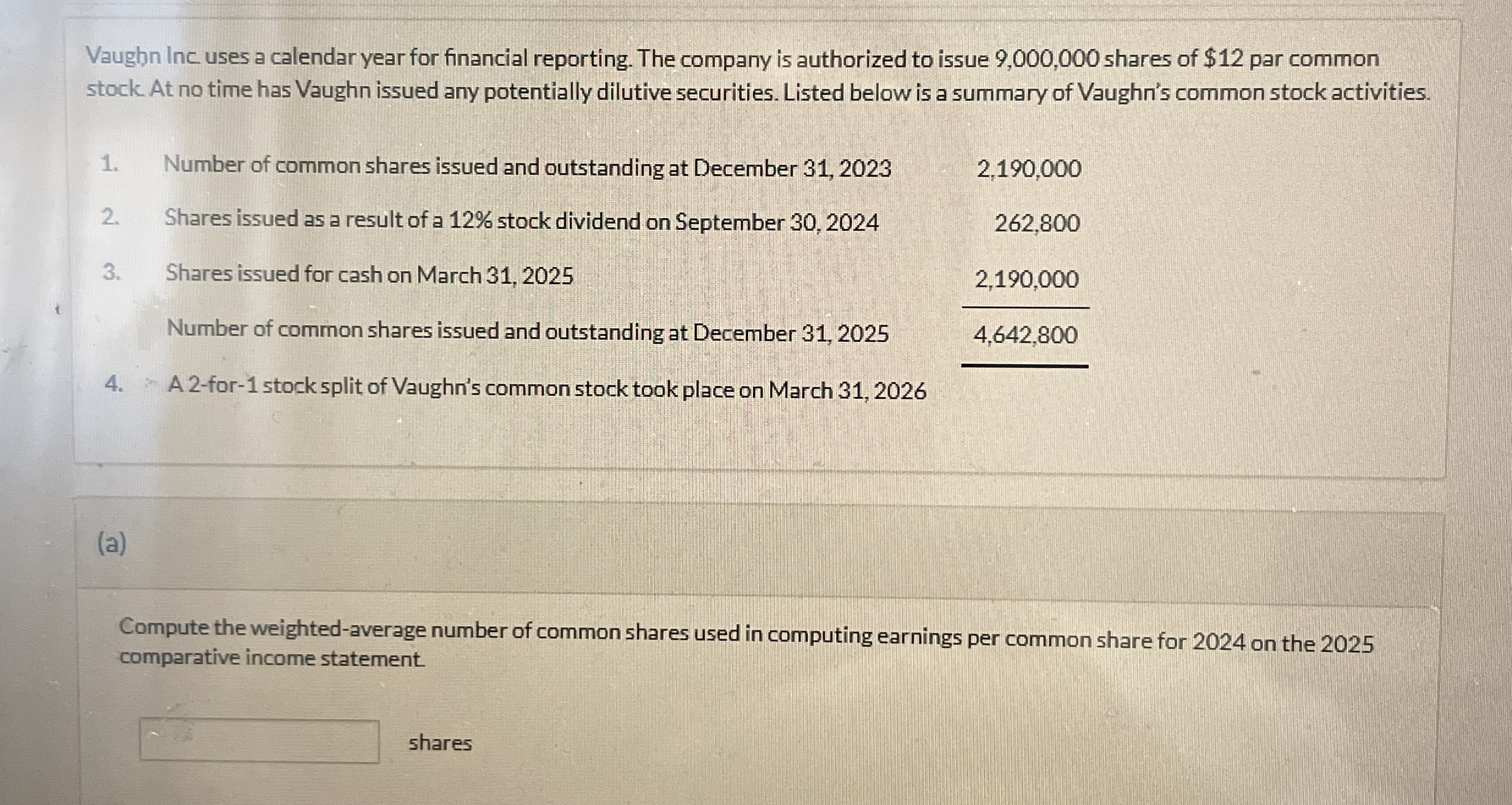 Vaughn Inc uses a calendar year for financial