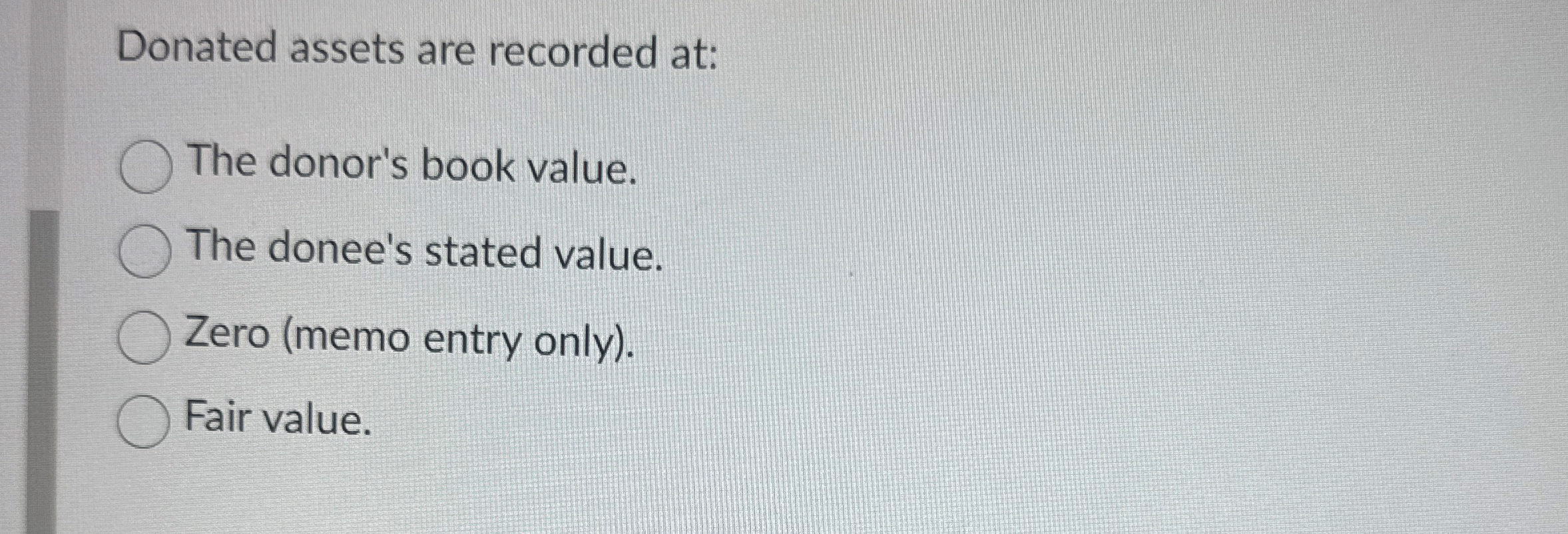 Donated assets are recorded at: The donor's book