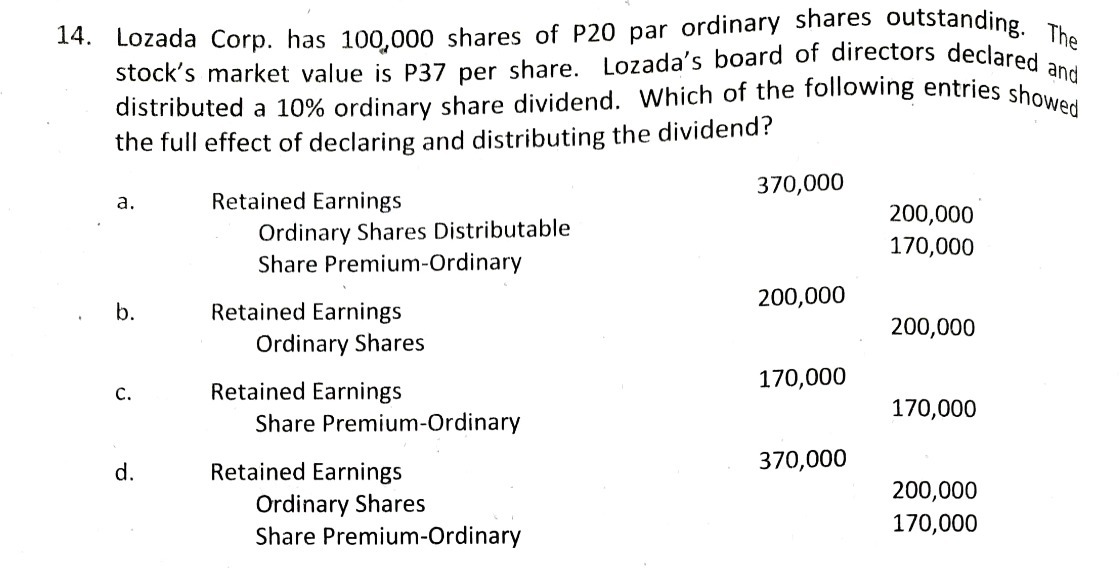 14. Lozada Corp. has 100,000 shares of P20 par