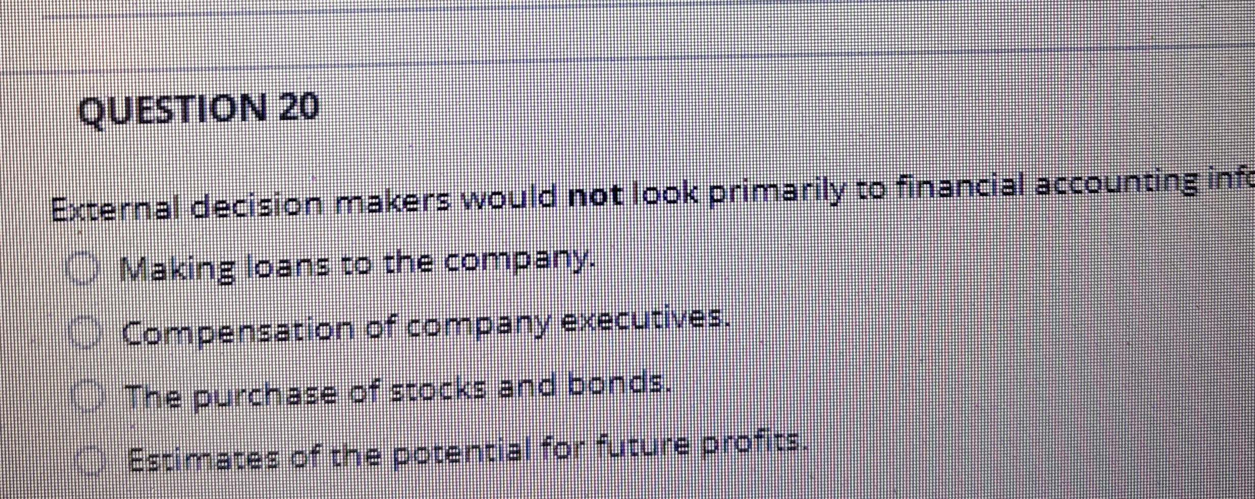 QUESTION 2 0 External decision makers would not