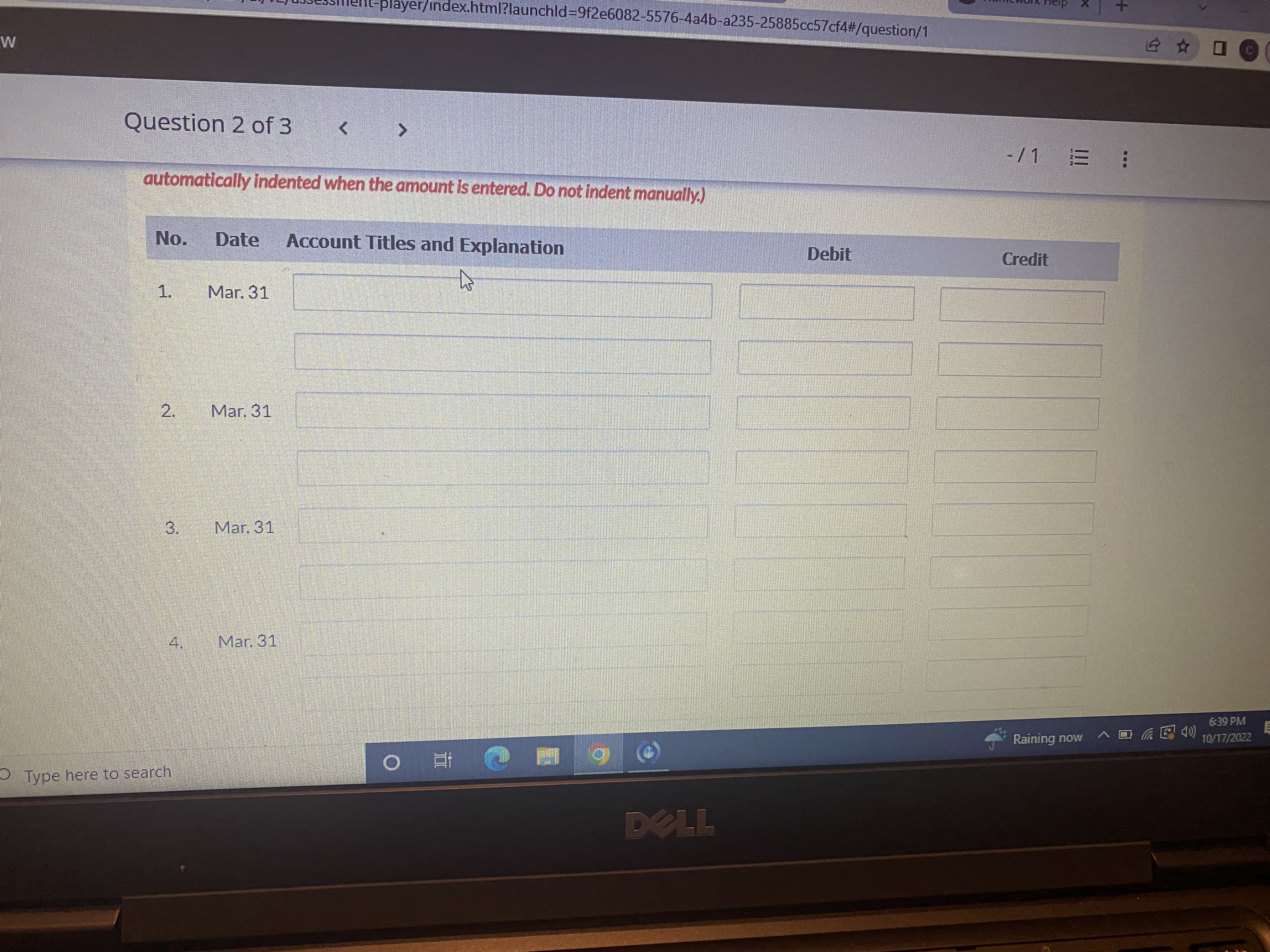 Question 3 of 3 - /1 E ... No. Date Account