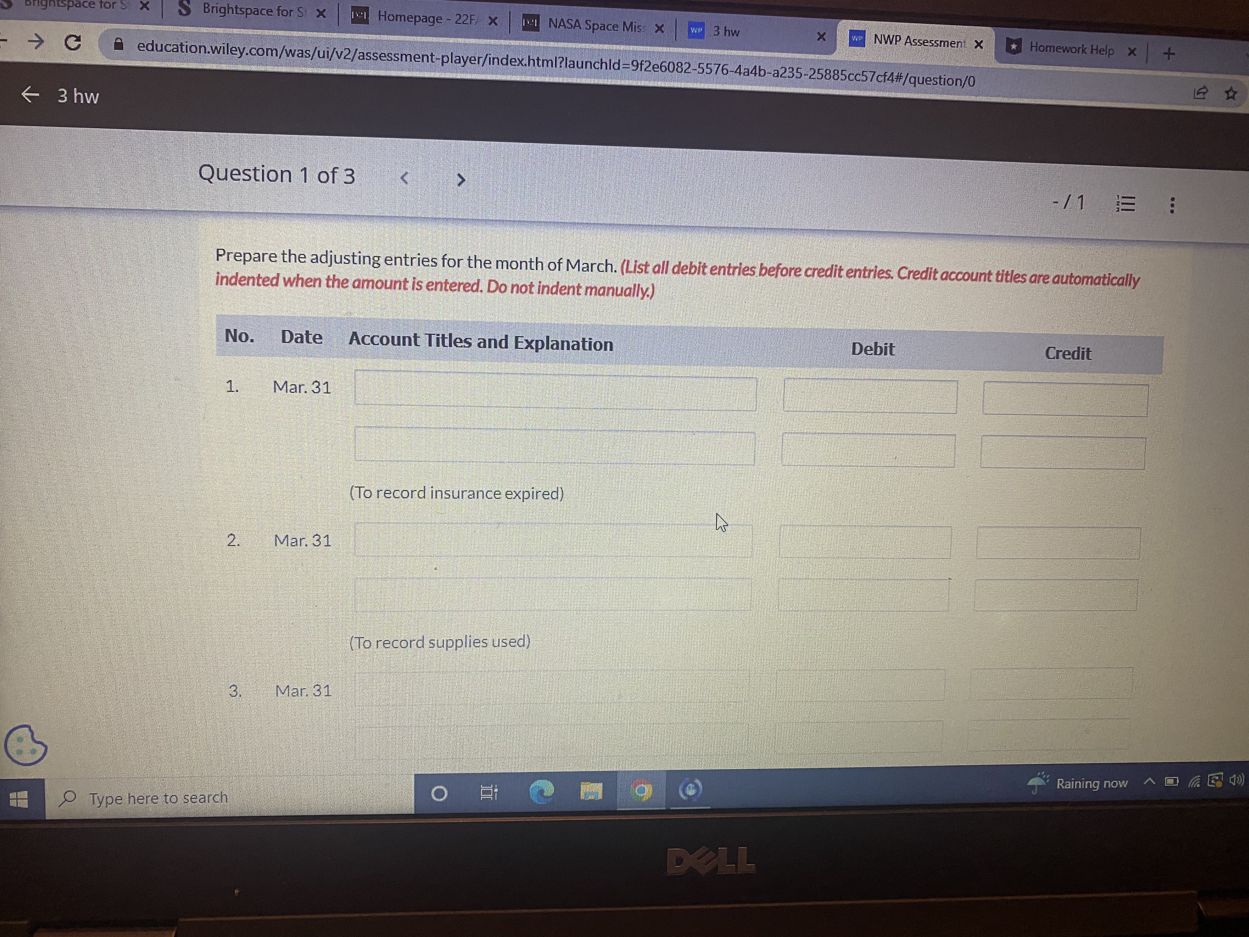 Question 3 of 3 - /1 E ... No. Date Account