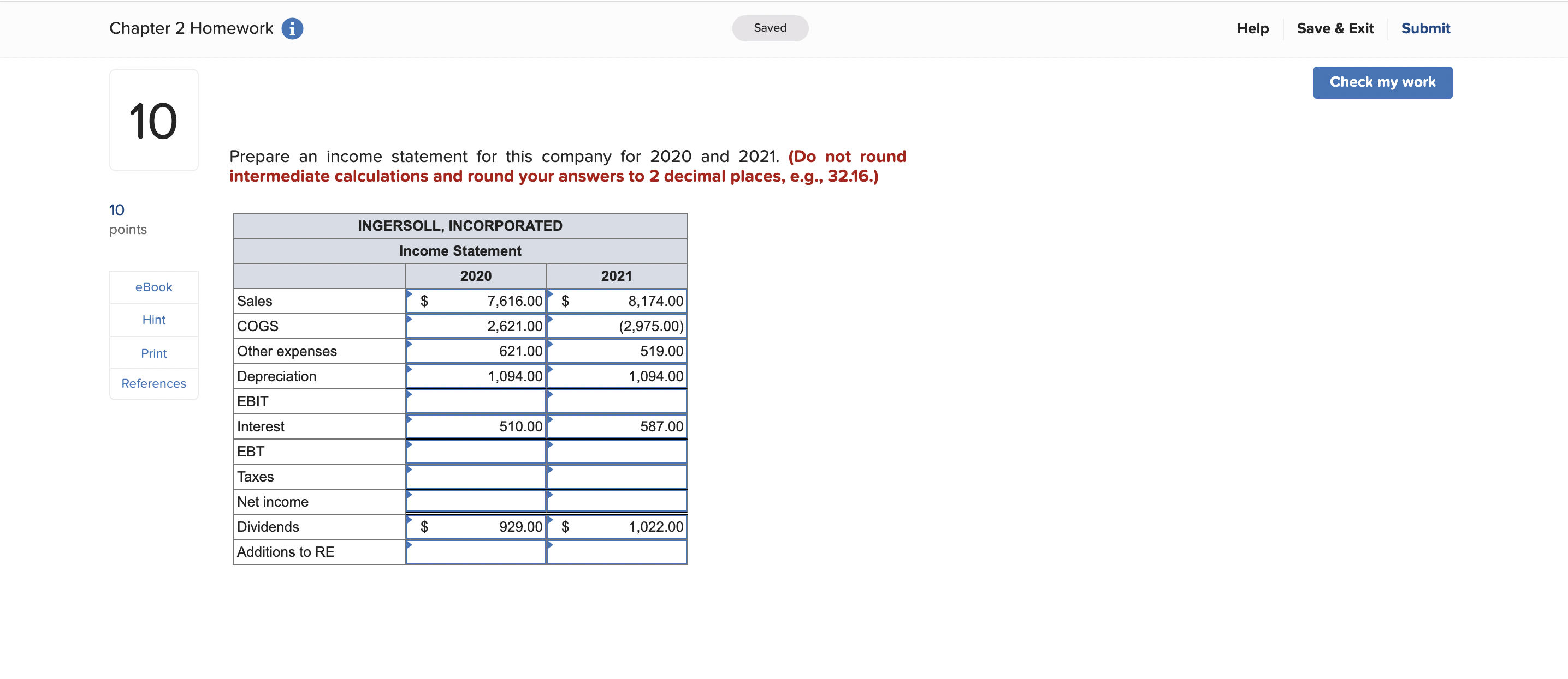 Chapter 2 Homework i Saved Help Save & Exit
