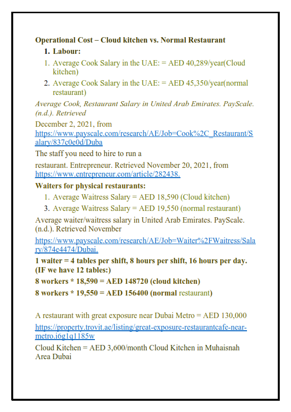 cloud kitchen vs. dine in 1. table of cash flow