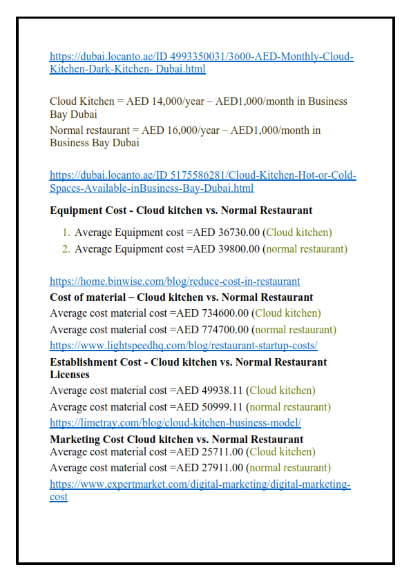 cloud kitchen vs. dine in 1. table of cash flow