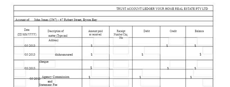TRUST ACCOUNT LEDGER YOUR HOME REAL ESTATE PTY