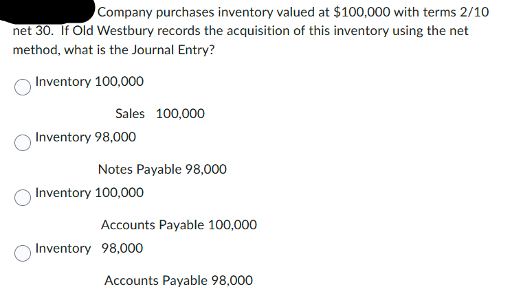 Company purchases inventory valued at \ ( \ $ 1 0