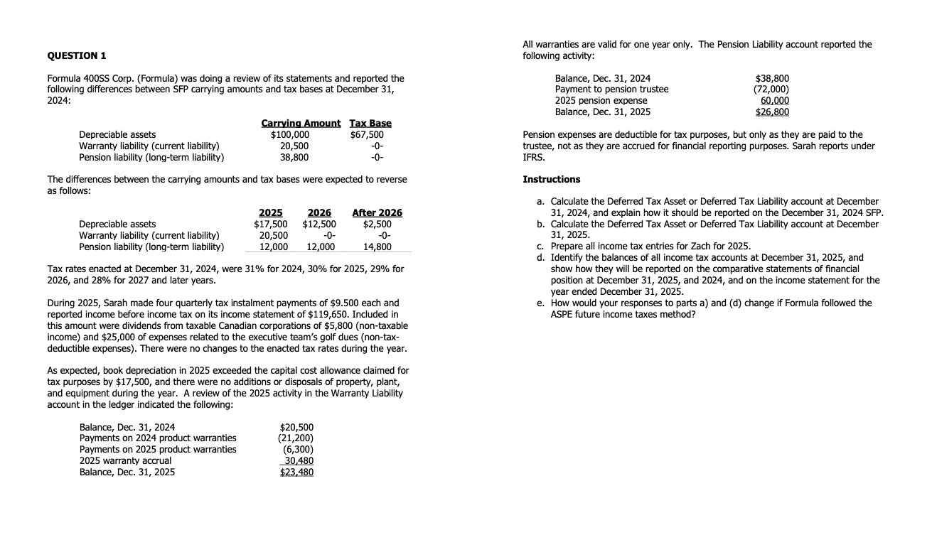 QUESTION 1 Formula 40055 Corp. (Formula) was