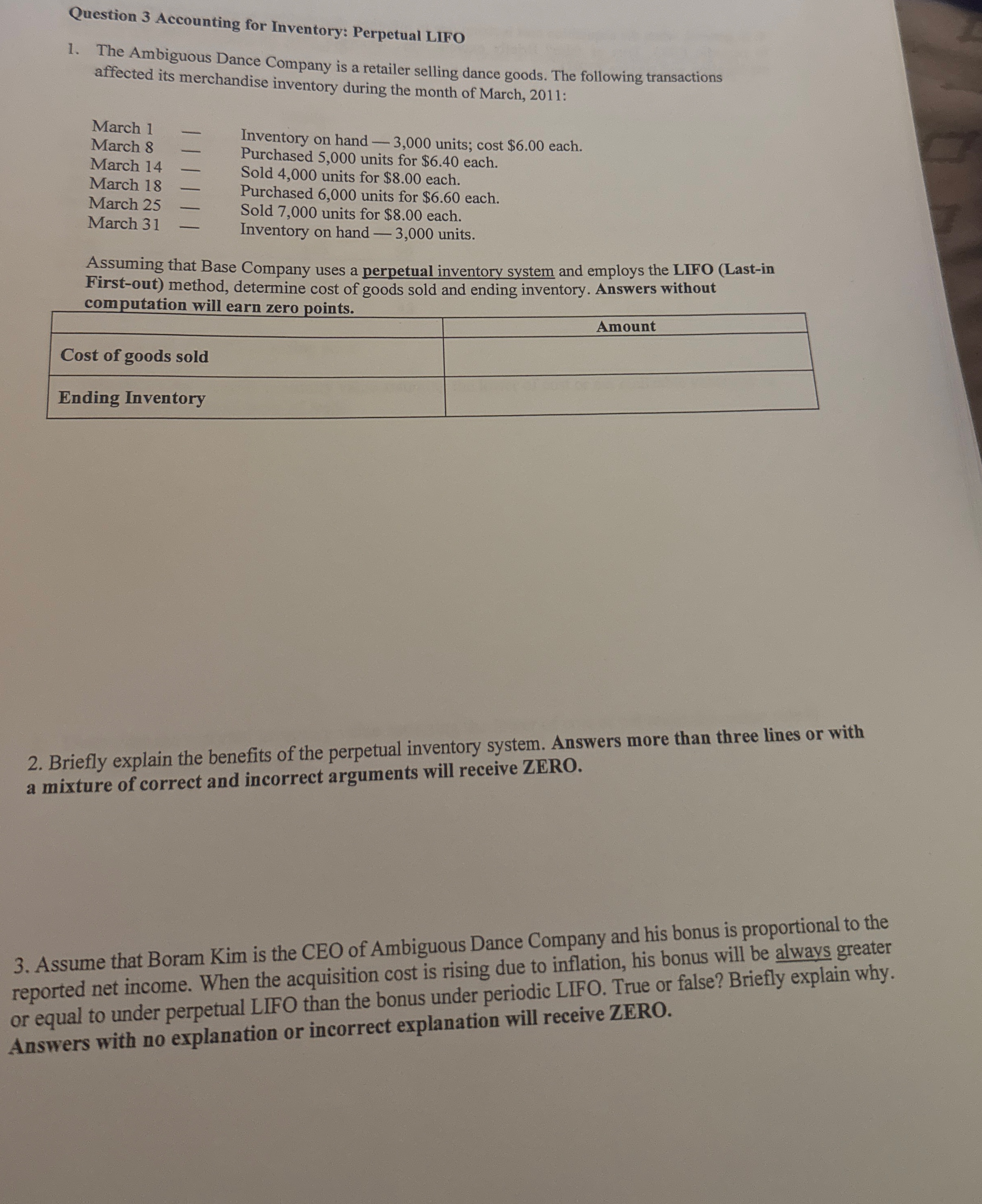 Question 3 Accounting for Inventory: Perpetual