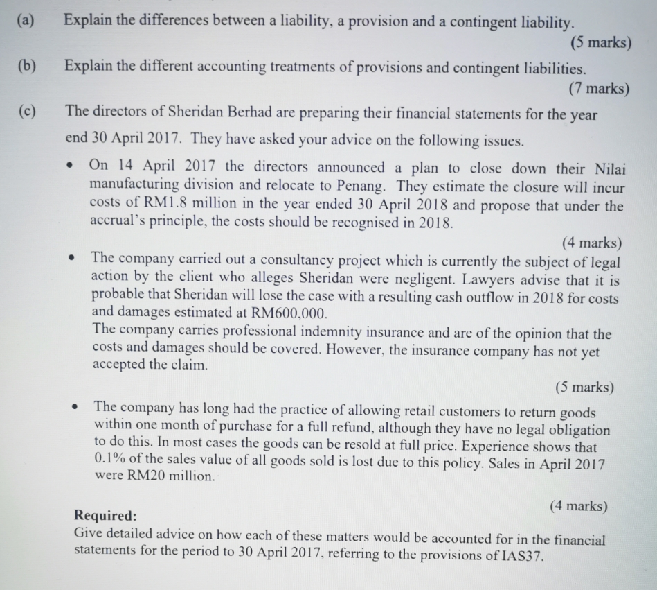 (a) Explain the differences between a liability,