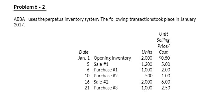 Problem 6 - 2 ABBA uses the perpetualinventory