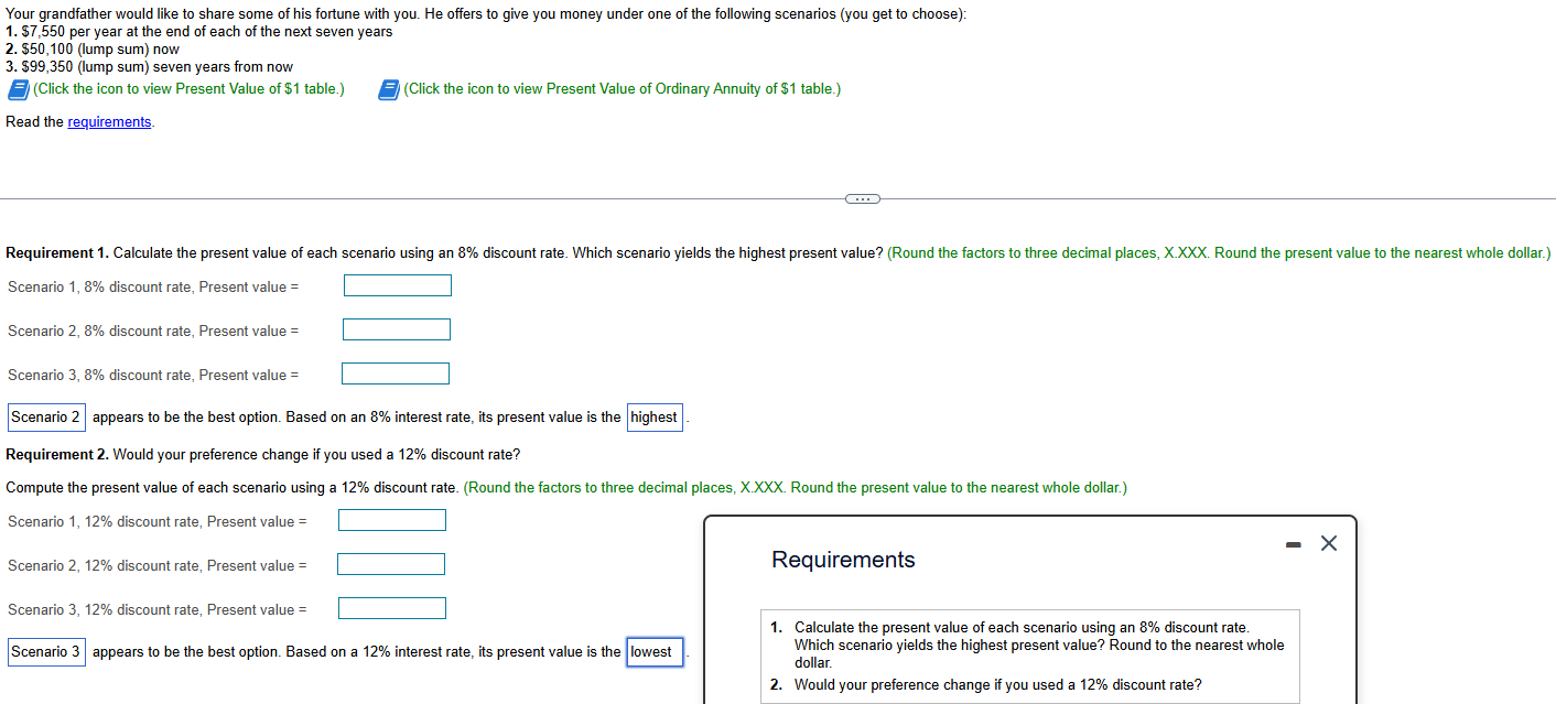 Scenario 1 , 8 \ % discount rate, Present value \