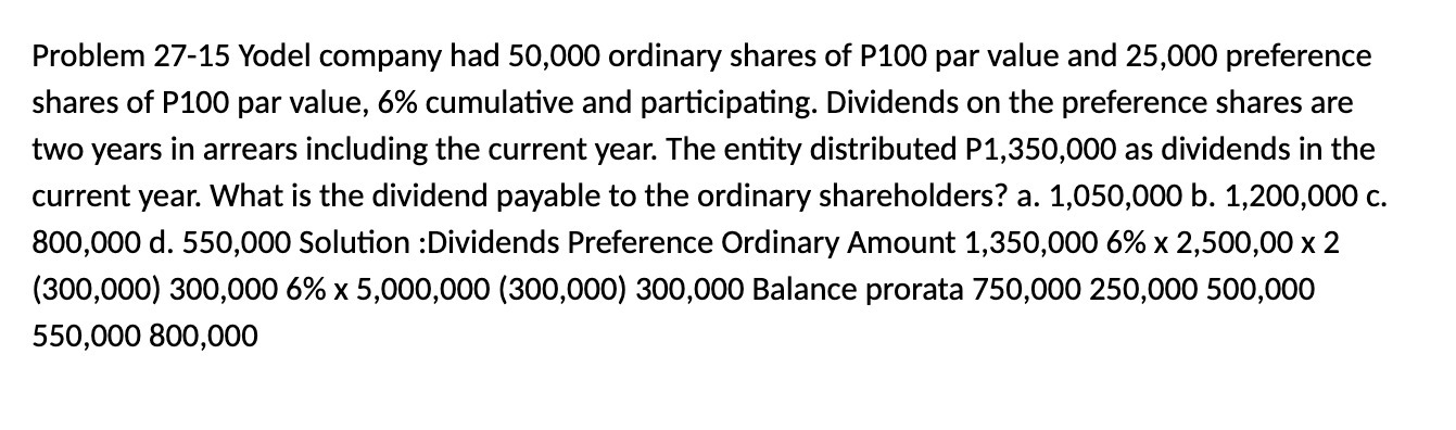 Problem 27-15 Yodel company had 50,000 ordinary