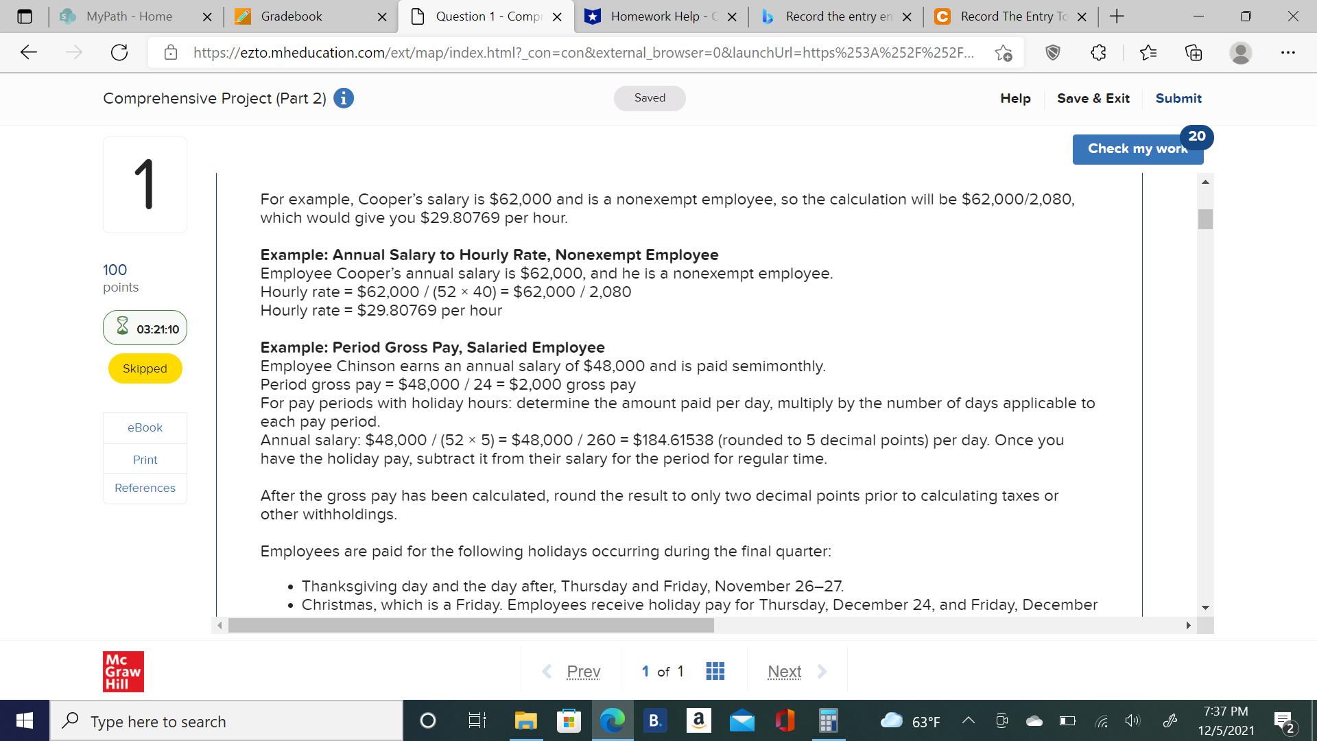 S MyPath - Home X Gradebook X Question 1 -
