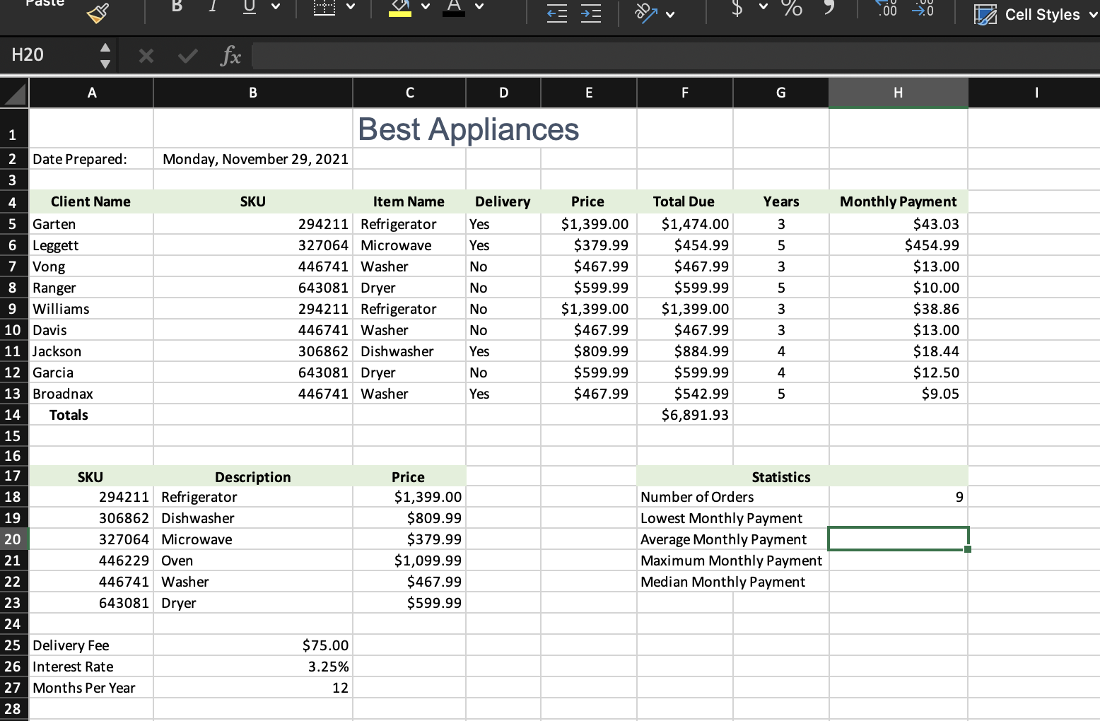Insert a function in cell H20 to calculate the
