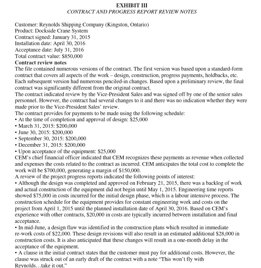 EXHIBIT III CONTRACT AND PROGRESS REPORT REVIEW