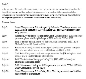 Task 1 Using the excel file provided for